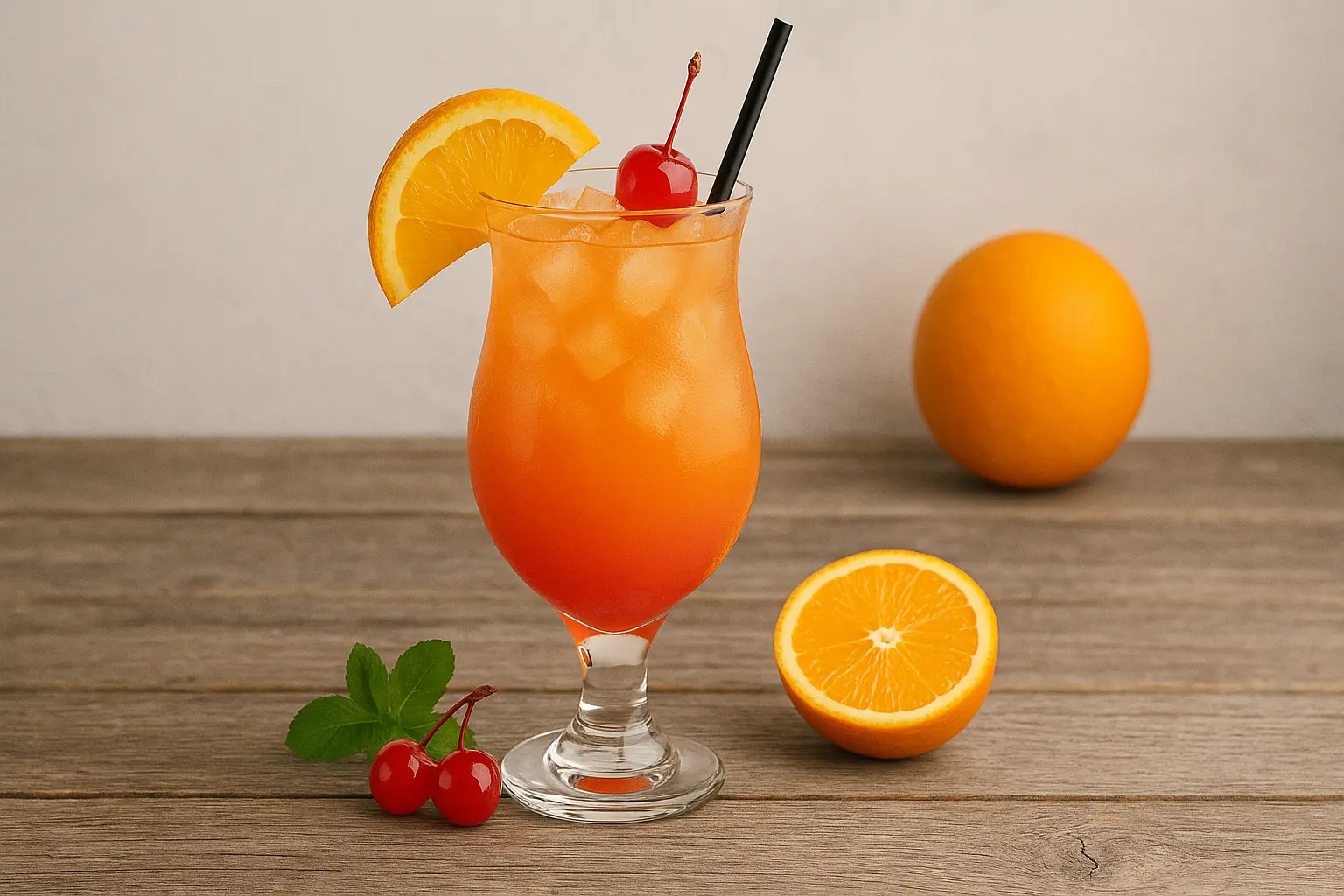 Kolorowy drink Sex on the Beach z plasterkiem pomarańczy i wiśnią na stole